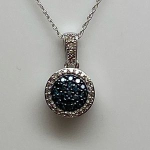 10K White Gold Blue and White Diamond Cluster Pendant with Chain NEW 0.35 ct twt